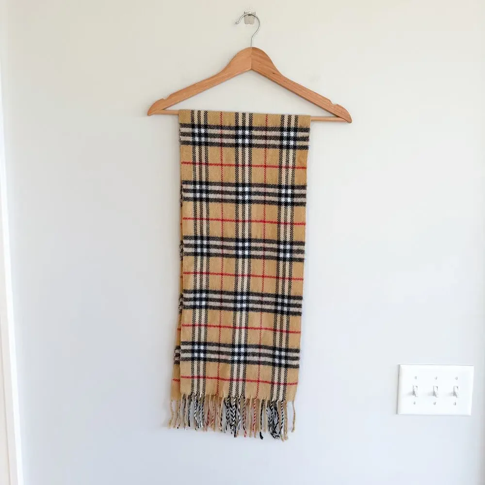 Burberry Nova Checkered Pattern Fringe Rectangle Scarf Brown One Size